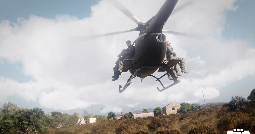 Arma 3 soldiers on a helicopter together